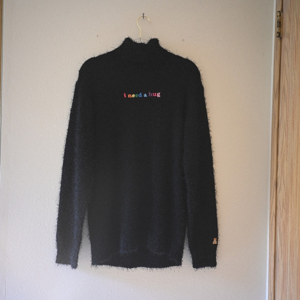 NWT Teddy Fresh Fuzzy Mock Neck Sweater Black Rainbow I Need A Hug Size S